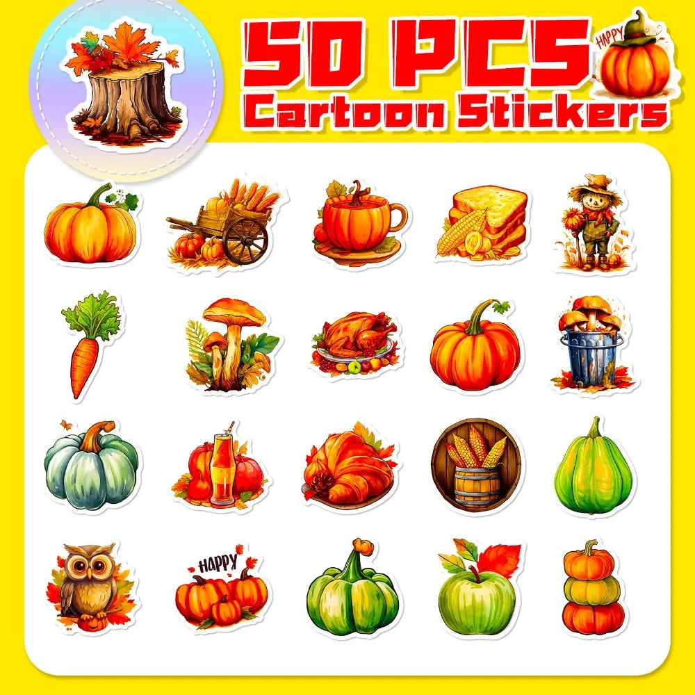 10/50Pcs Thanksgiving Day Stickers Harvest Festival Cartoon Cute Pumpkin Nut Squirrel Children Toy Decals Laptop Guitar Suitcase