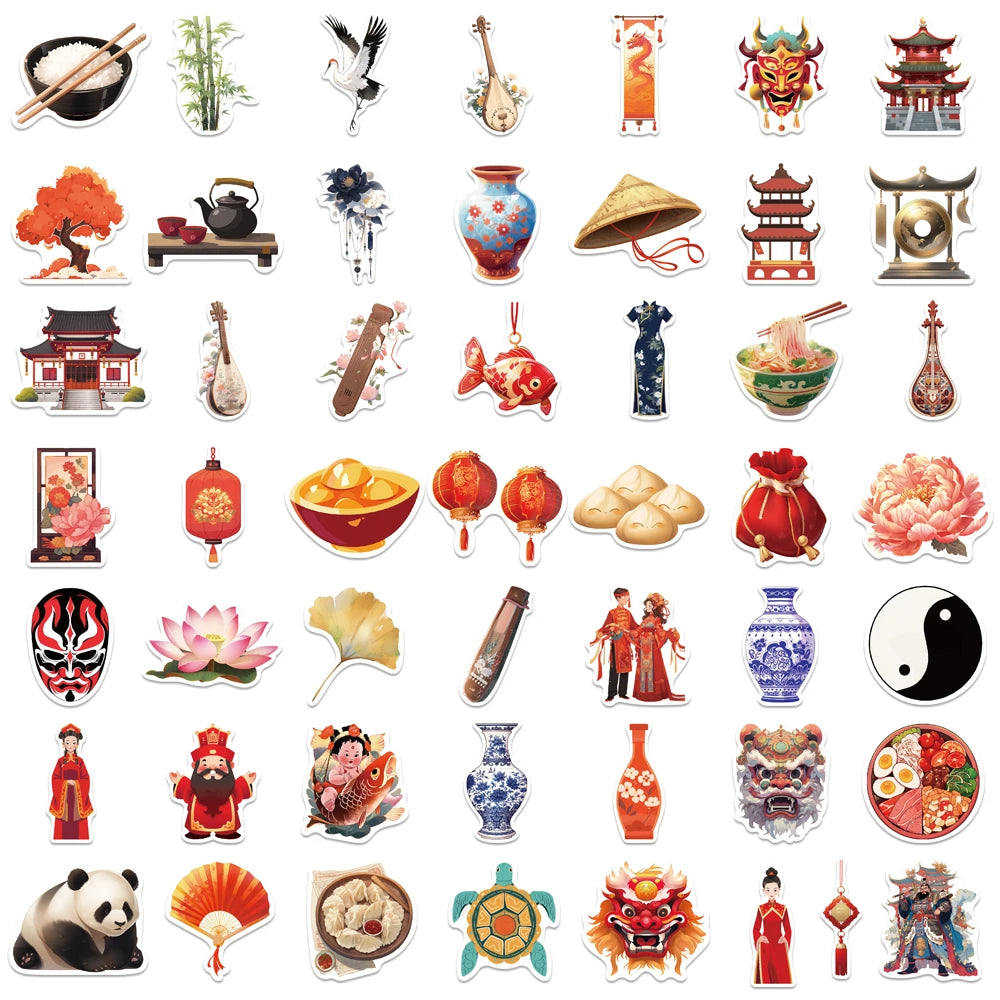 10/25/50PCS Red Chinese Style Art Sticker Personalized Decoration Bottle Cup Phone Case Laptop Clip Book Luggage Case Decal