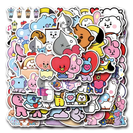 55pcs BT21 Cartoon Sticker Set for Laptop, Phone, Scooter, Water Bottle, Suitcase, Stationery, Refrigerator