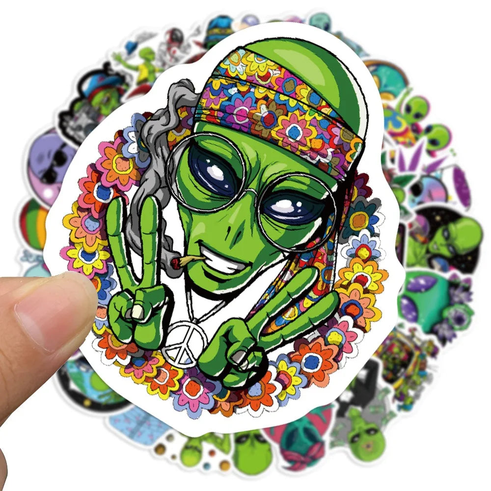 50pcs Psychedelic Alien Weed Characteristics Stickers Laptop Car Bike Travel Luggage Fridge Vinyl Decal Waterproof Sticker Toy