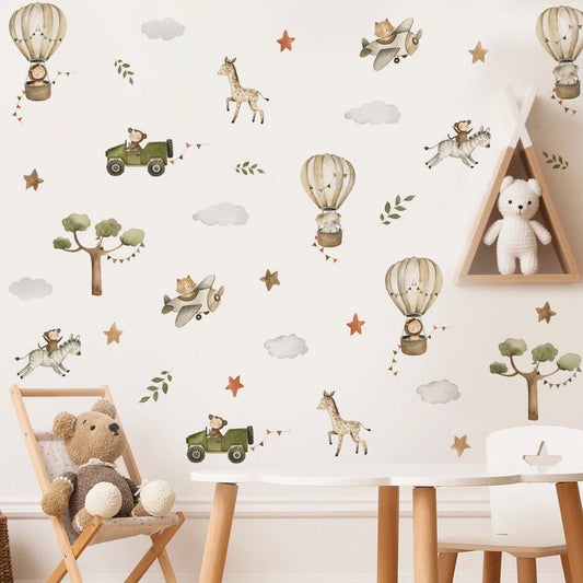 Watercolor Safari Animals Hot Air Balloon Wall Stickers for Kids Room Decor