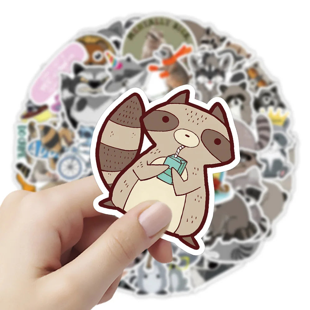 50/100Pcs Novelty Cute Kawaii Cartoon Animals Raccoon Stickers PVC Waterproof Stickers Decals For Kids Boys Girls Toys Gifts