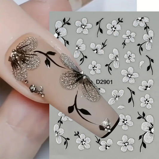 5D Floral Nail Stickers: Glitter Silver Black Blossoms