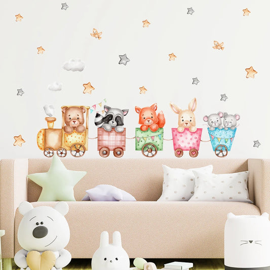 Cute Animal Train Wall Stickers Nursery Vinyl Decals for Kids Room Decor