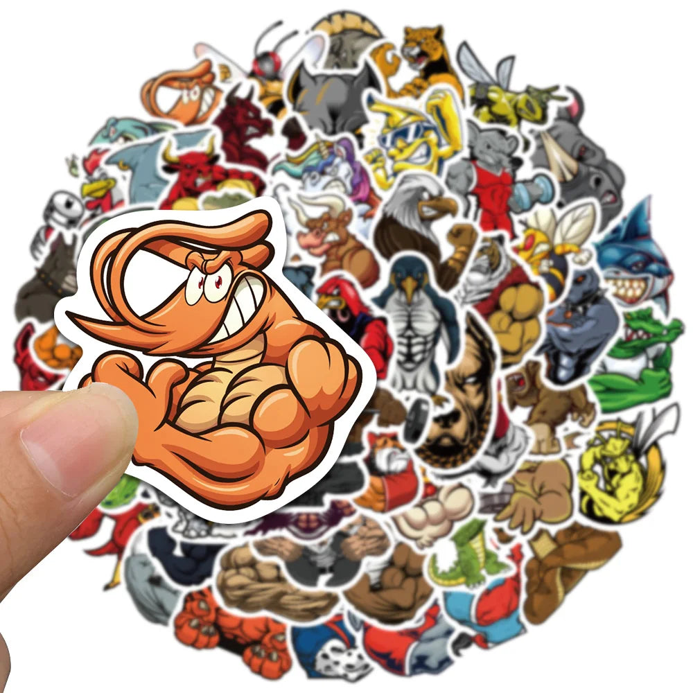 60pcs Cool Cartoon Muscle Animals Stickers For Laptop Luggage Phone Skateboard Waterproof Graffiti Bicycle Helmet Car Decals