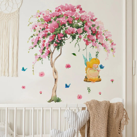 Pink Elf Tree Swing Wall Stickers Removable Decals for Bedroom Nursery Decor