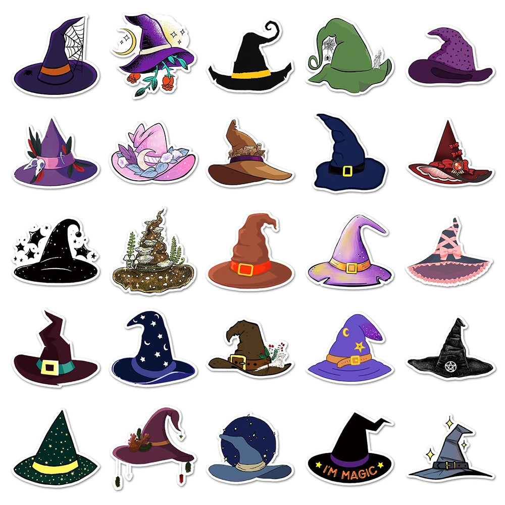 10/30/50pcs Cute Cartoon Magic Witch Hat Graffiti Stickers Laptop Skateboard Phone Waterproof Graffiti Decals Fun for Kid Gift