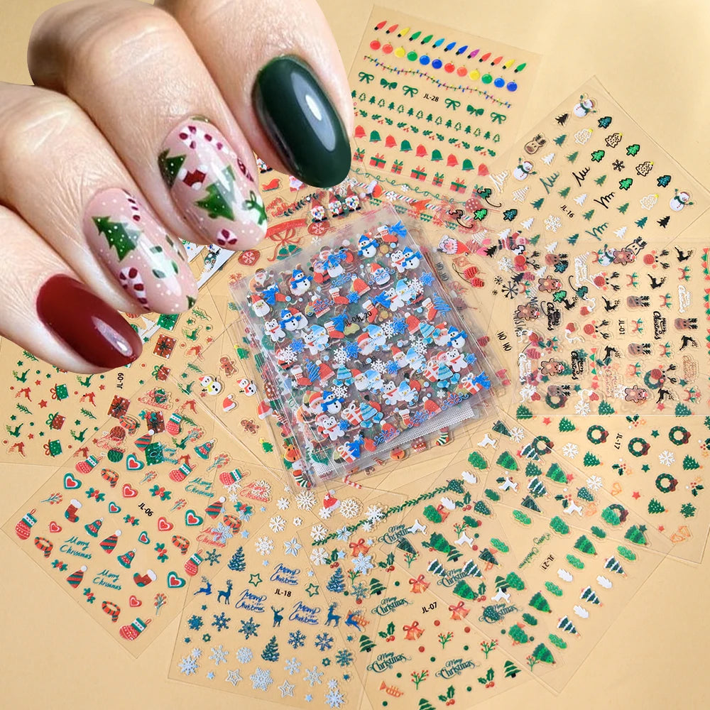 30pcs Christmas Nail Stickers: Snowman, Santa, Deer 3D Decals