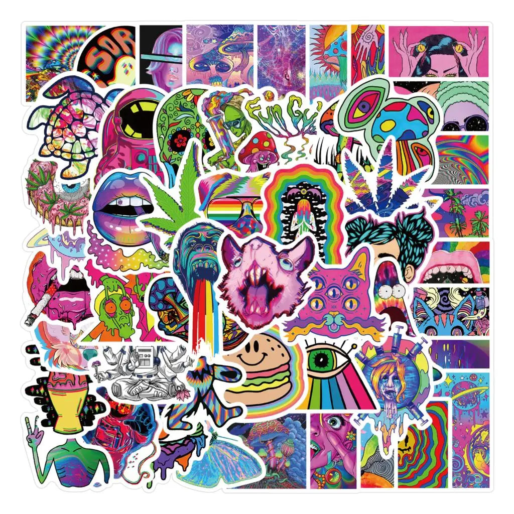 52PCS Cartoon Colorful Psychedelic Trippy Stickers Aesthetics Laptop Guitar Luggage Phone Graffiti Sticker Decal Kid Toy