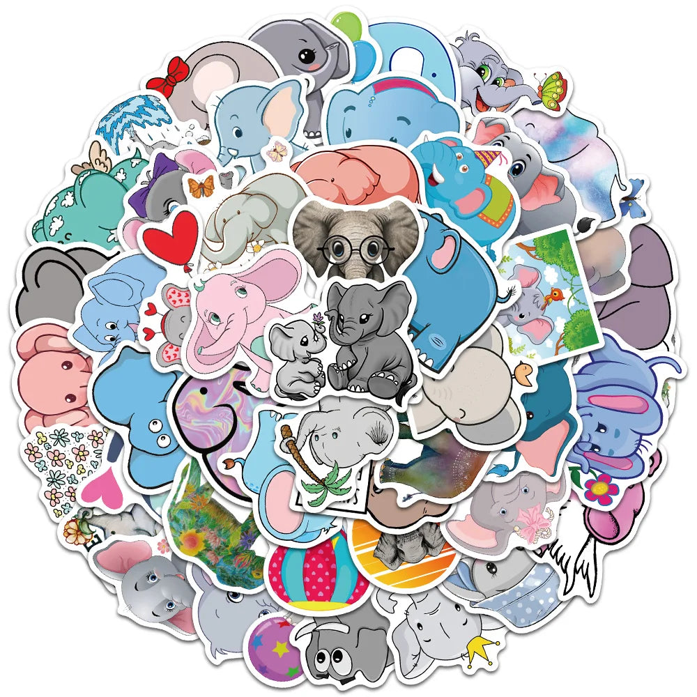 50pcs Cute Cartoon Animals Elephant Graffiti Stickers For Laptop Water Bottle Fridge Phone Bicycle Car Decals Kids Toy
