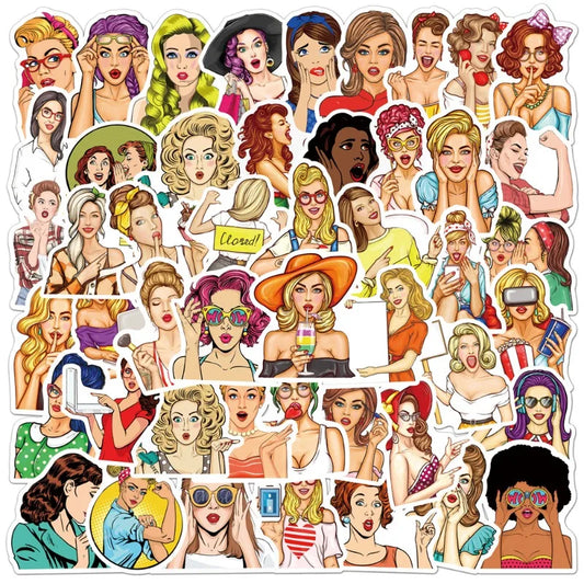 50pcs Pop Art Girls Stickers for Luggage, Water Bottles, Phones, Laptops, Cars, Scooters, Fridges