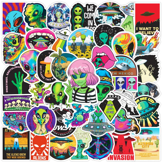 Cartoon Alien UFO Stickers Decals for Laptop, Motorcycle, Phone, Car, Luggage, Kids Toy - 10/30/50pcs