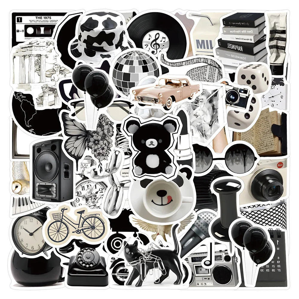 Cartoon Stickers Pack: Black White Decals for Laptop, Suitcase, Phone, Car, Kids Toys