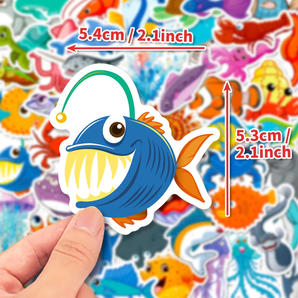 10/50Pcs Cartoon Marine Life Fish And Shrimp Sticker For Kids Toys Luggage Laptop Ipad Skateboard Stickers Wholesale