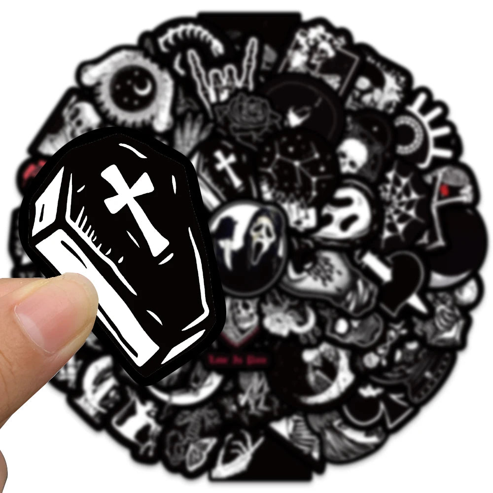 50PCS Horror Black White Death Graffiti Halloween Gothic Sticker Motorcycle Laptop Phone Helmet Car Stationery Bike Cool Decals