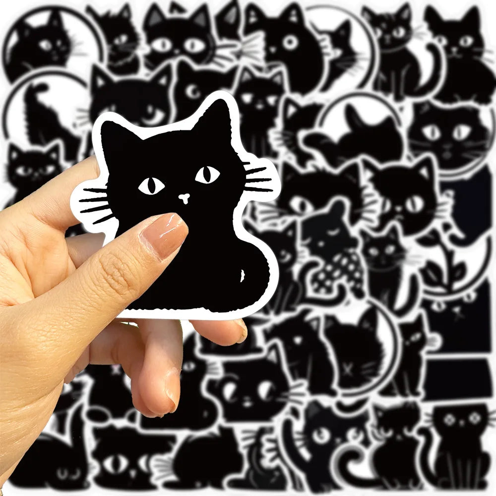 10/30/50PCS Black Cartoon Cat Sticker Kids Toys Waterproof Skateboard Fridge Bike Skateboard Phone Laptop DIY Decorative Decals