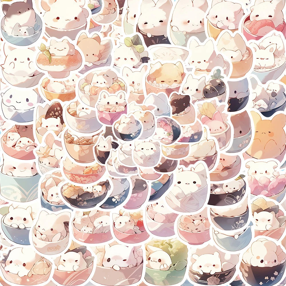 Cartoon Animal Rice Ball Stickers - 10/30/50/102pcs Laptop Decals