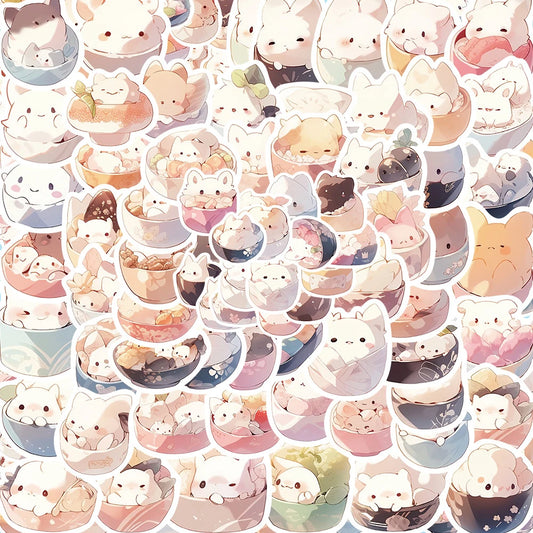 Cartoon Animal Rice Ball Stickers - 10/30/50/102pcs Laptop Decals