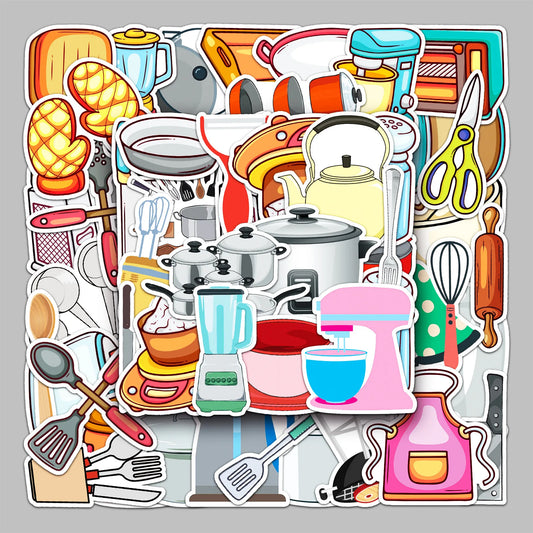 50pcs Cartoon Kitchen Utensil Stickers for Helmet, Wall, DIY Decoration