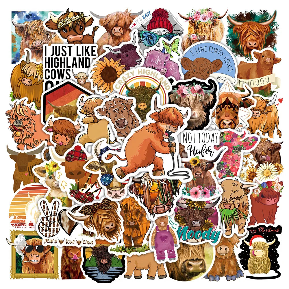 50pcs Cute Highland Cow Graffiti Stickers for Helmet, Wall, DIY Decoration
