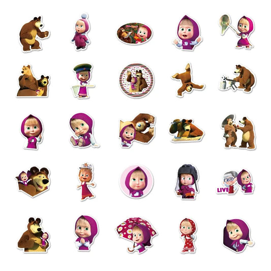 50pcs Masha and The Bear Stickers for Laptop, Water Bottle, Suitcase, Scooter, Refrigerator