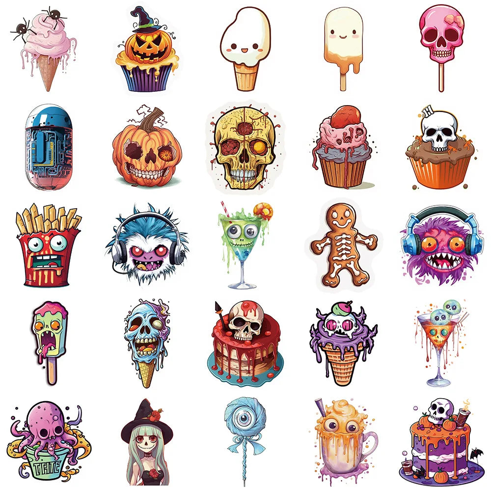 10/30/50PCS Funny Horror Skeleton Graffiti Stickers Decals Halloween Decoration Waterproof Skateboard Luggage Guitar Cartoon Toy