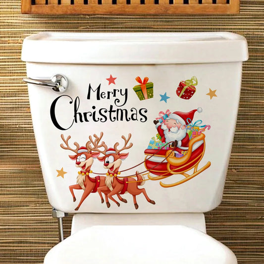 Santa Deer Carriage Wall Stickers Christmas Bathroom Decor Self-adhesive Decals