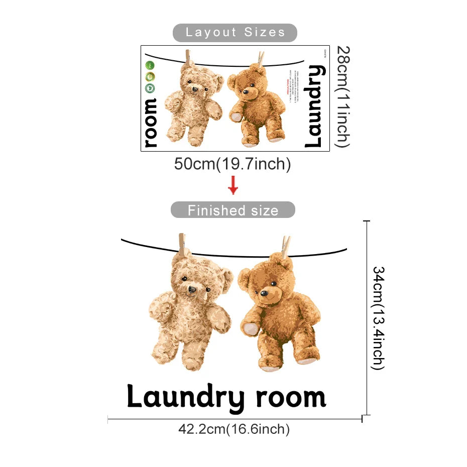 Bear Wall Stickers for Laundry and Bathroom - Cartoon Animal Vinyl Wallpaper