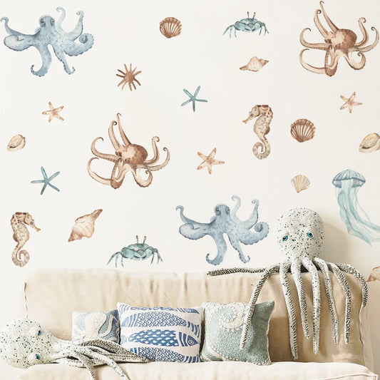 Watercolor Underwater Cartoon Wall Stickers: Octopus, Crab, Seahorse Decor for Nursery & Kids Room