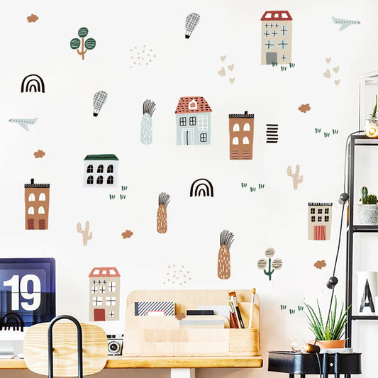 Cartoon City Houses Trees Airplane Watercolor Vinyl Wall Decals Kids Room Decor