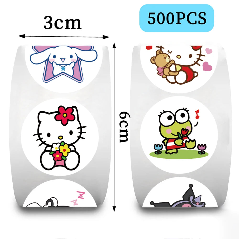 500Pcs/roll Funny Round Sticker Kawaii Kuromi Cinnamoroll Cartoon Stickers For Kids Reward Gifts Decoration Encourage Decal Toys