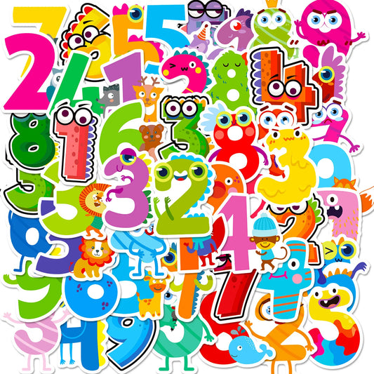 50Pcs Cartoon Arabic Numerals Graffiti Stickers for Helmet, Wall, DIY Decor