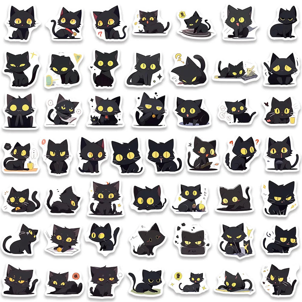 100pcs Cute Cartoon Animals Black Cats Stickers For Laptop Guitar Phone Luggage Decor Waterproof Graffiti Bicycle Car Decals