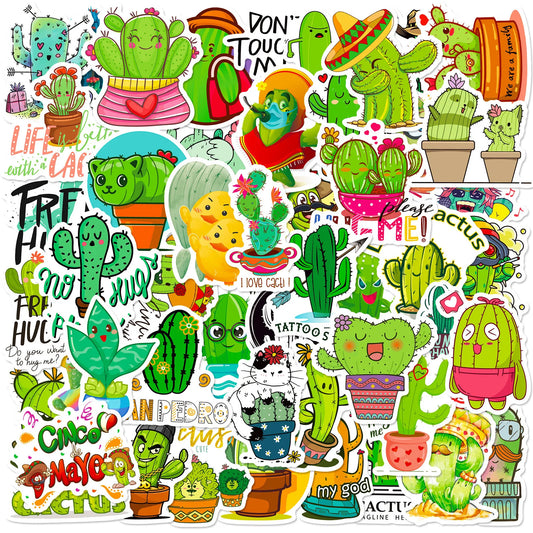50Pcs Cartoon Cactus Graffiti Stickers for Helmet, Wall, DIY Decor