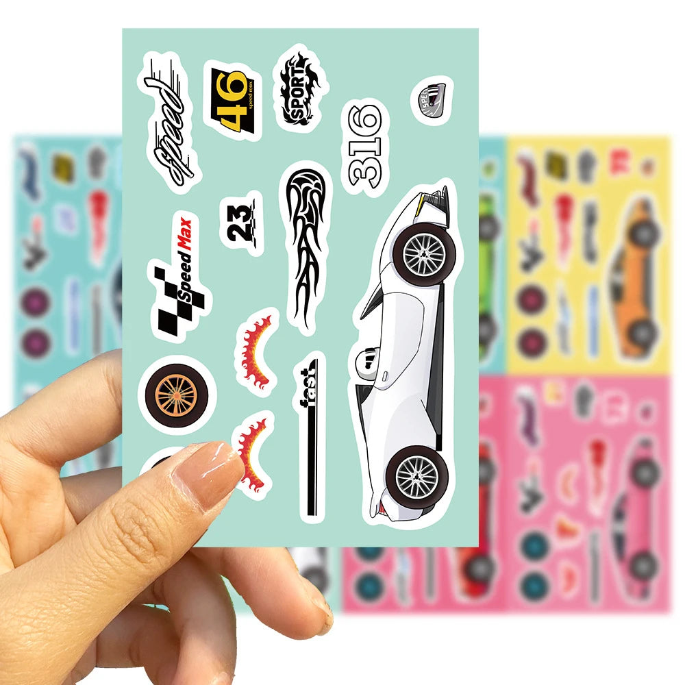 8/16Sheets Modified Racing Car Puzzle Stickers Game Make a Face Assemble Jigsaw Kid Education Toy Craft Sticker Kid Party Gift