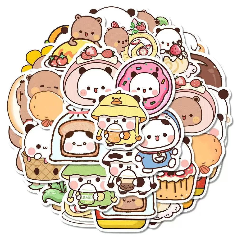 50pcs/Set Bubu And Dudu Panda Bear Sticker Food Serise Waterproof Cartoon Bear and Panda Sticker Toys