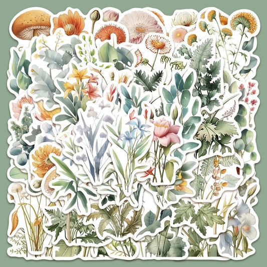 50pcs Botanical Watercolor Graffiti Stickers for Helmet, Wall, Desktop Decoration