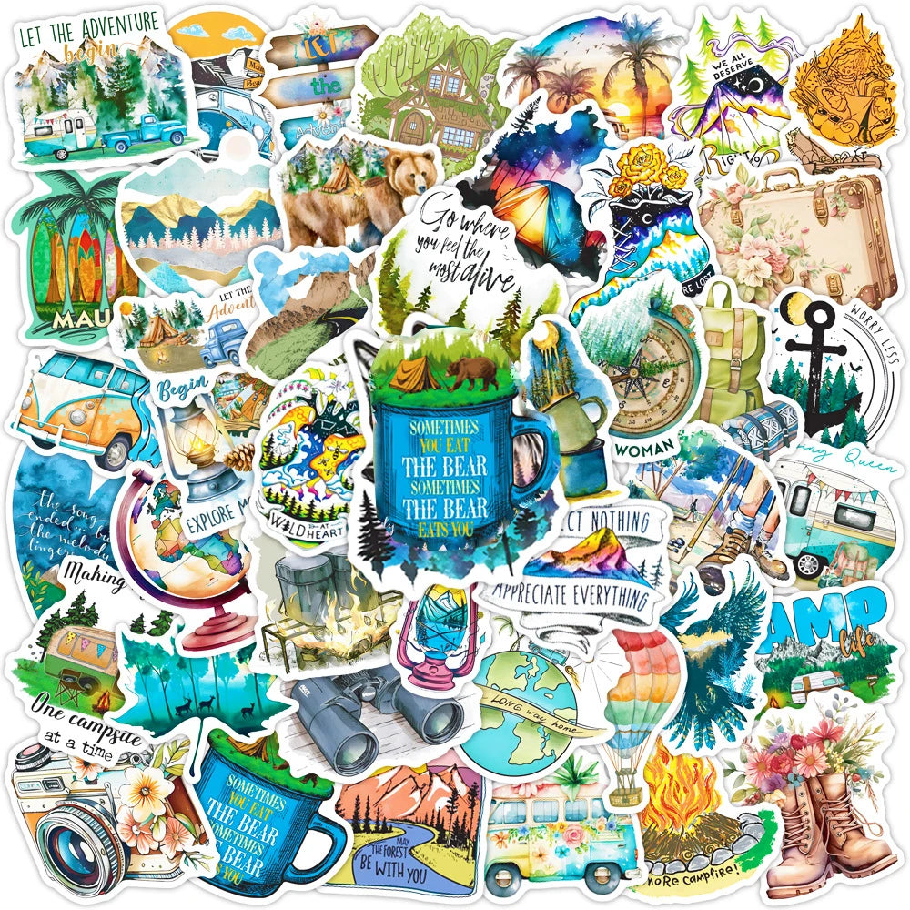 Outdoor Travel Camping Cartoon Stickers for Laptop, Motorcycle, Car, Phone, Suitcase, Kids Toys - 10/30/50pcs