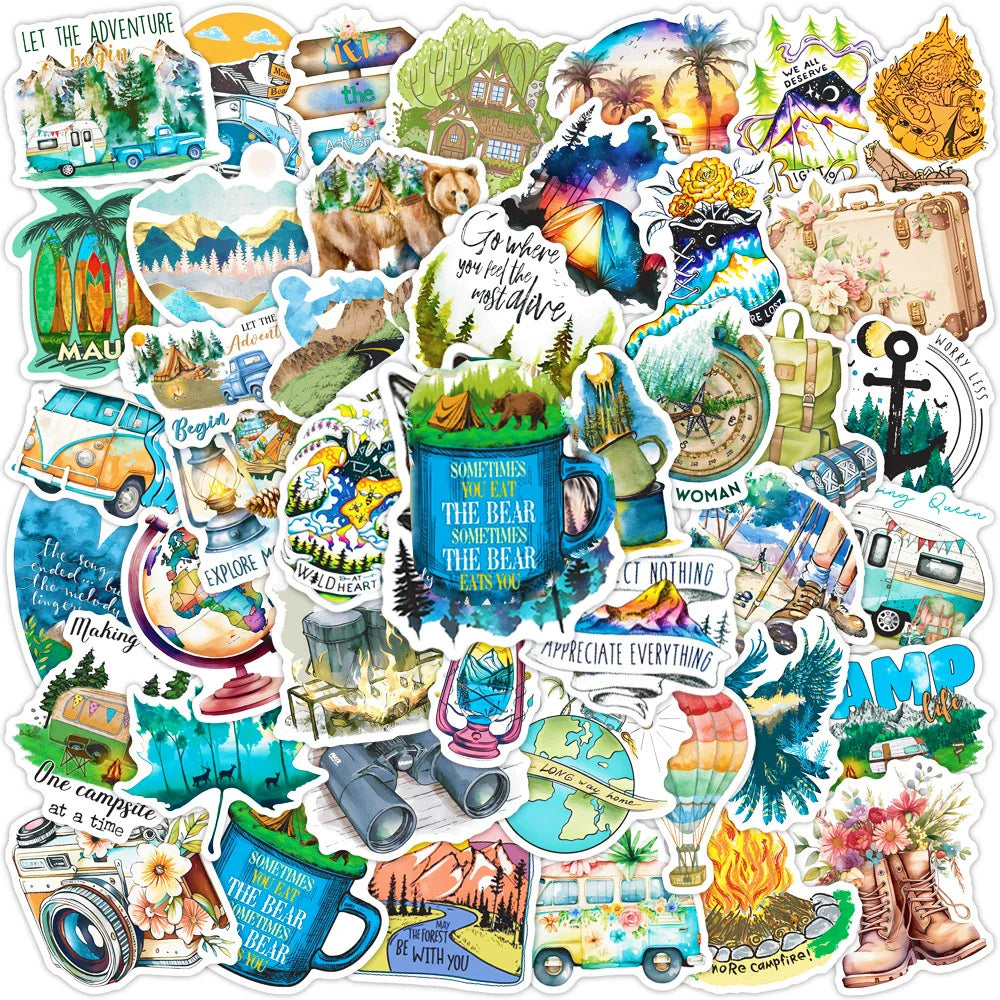 Outdoor Travel Camping Cartoon Stickers for Laptop, Motorcycle, Car, Phone, Suitcase, Kids Toys - 10/30/50pcs