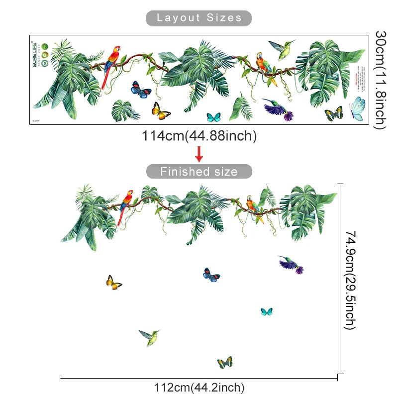 Green Leaves Butterfly Watercolor Tropical Wall Decal Stickers