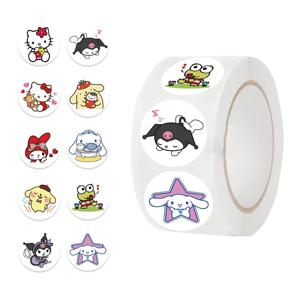 500Pcs/roll Funny Round Sticker Kawaii Kuromi Cinnamoroll Cartoon Stickers For Kids Reward Gifts Decoration Encourage Decal Toys