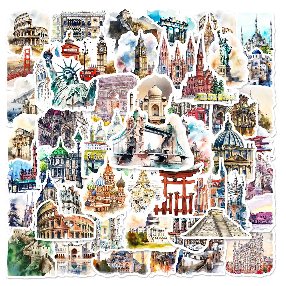 World Landmark Graffiti Stickers - 10/30/50pcs Aesthetic Travel Decals for Laptop, Suitcase, Phone