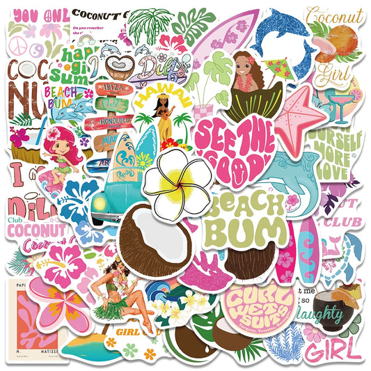 50PCS Coconut Girl Cute Cartoon Waterproof Stickers for Water Bottle, Skateboard, Phone, Suitcase, Party Decor