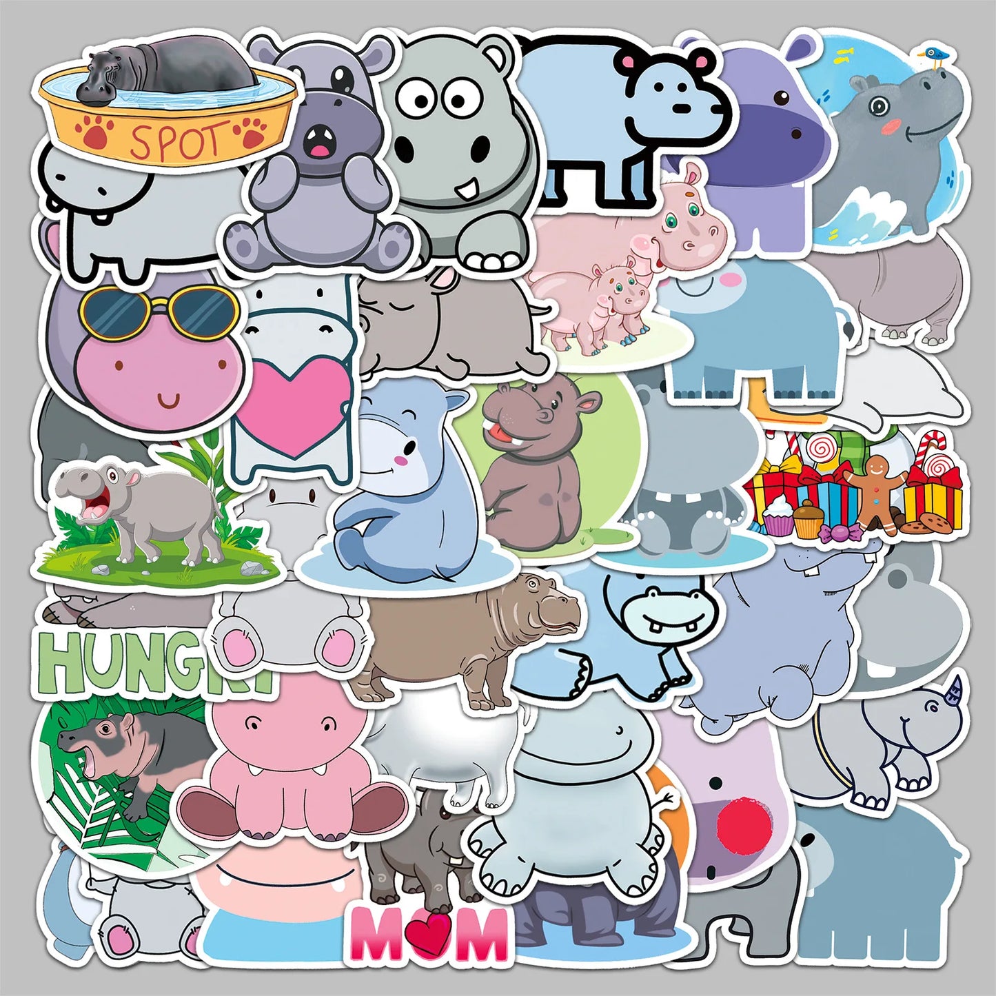 50pcs Cute Cartoon Hippopotamus Stickers for Helmet, Wall, DIY Decoration