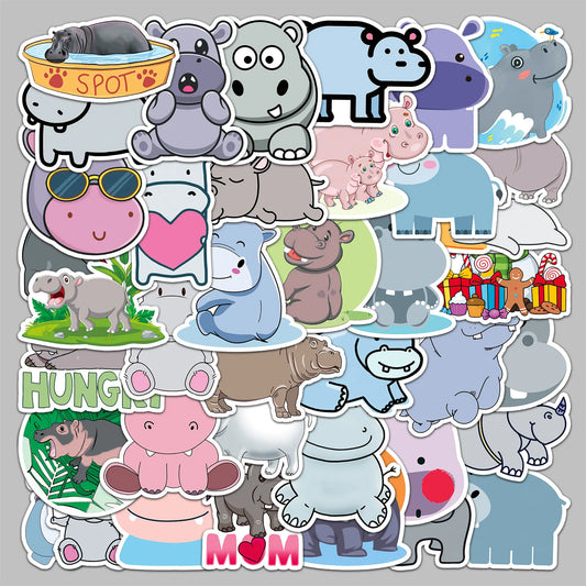 50pcs Cute Cartoon Hippopotamus Stickers for Helmet, Wall, DIY Decoration
