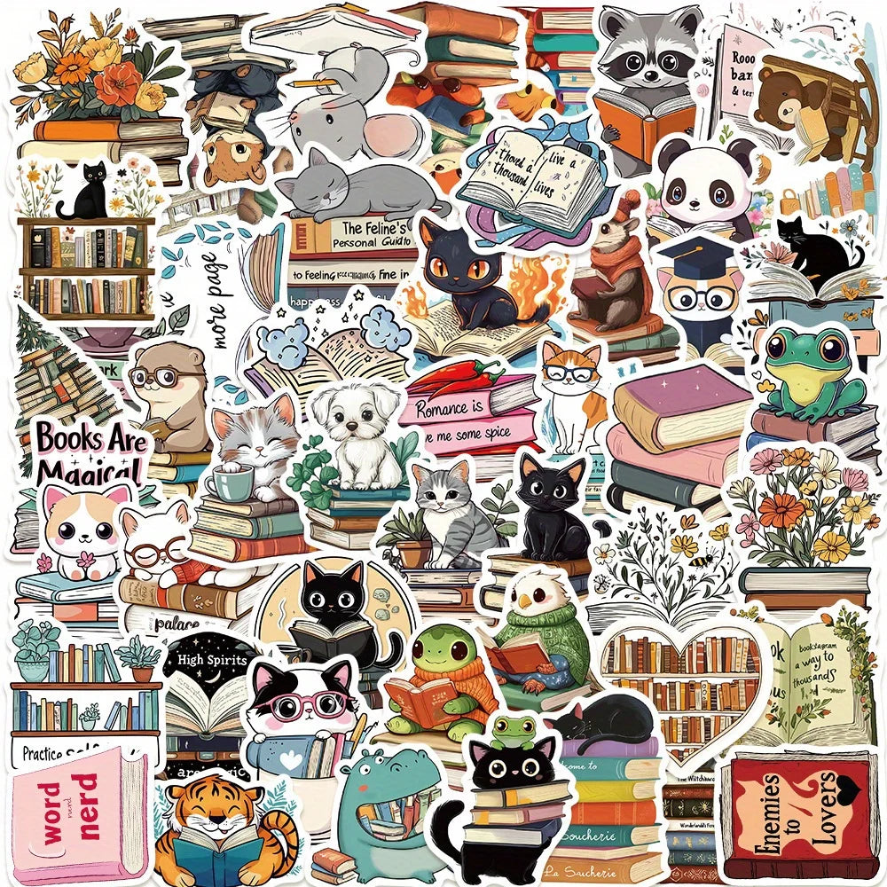 50pcs Cute Animal Reading Series Stickers for Helmet, Wall, DIY Decoration