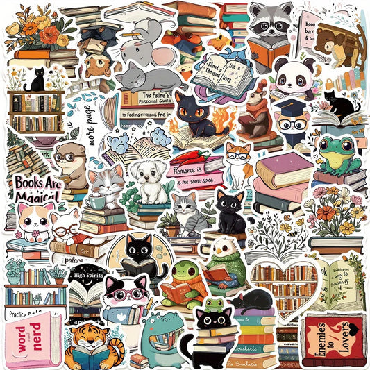 50pcs Cute Animal Reading Series Stickers for Helmet, Wall, DIY Decoration