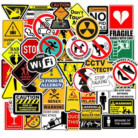 50Pcs Warning Danger Banning Sign Stickers Phone Bike Wall Scrapbook Motorcycle Cool Car Waterproof Cartoon Sticker for Kid Toy