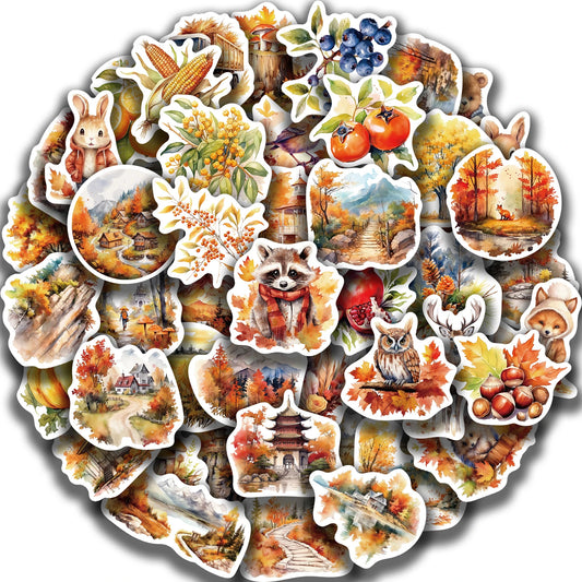 50pcs Cute Autumn Animal Food Stickers Waterproof Decals