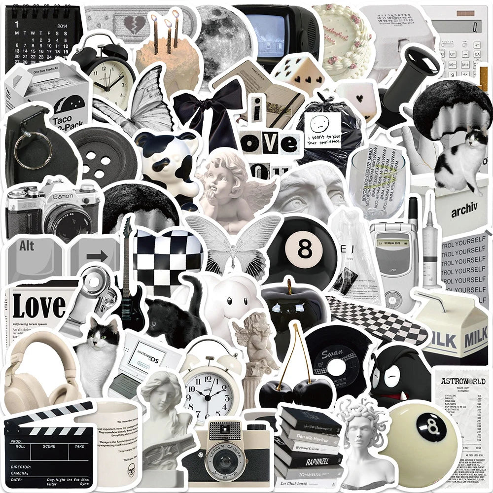 Cute Black White Stickers Set for Phone Laptop Notebook Fridge Wall Decor